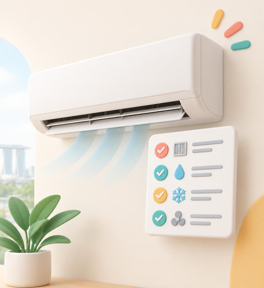 Modern wall-mounted air conditioner with a service checklist